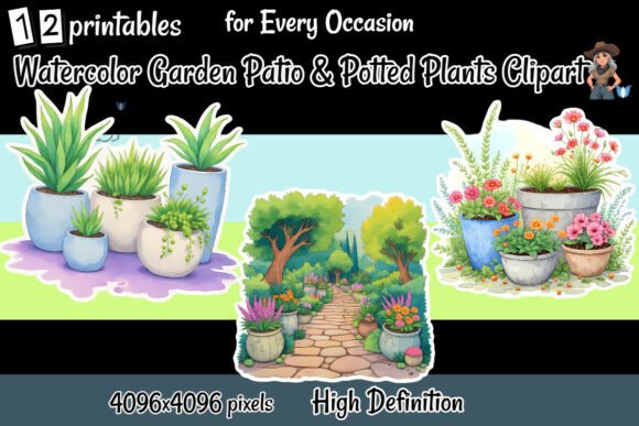 Watercolor Garden Patio & Potted Plants: Elevate Your Designs with Nature's Charm